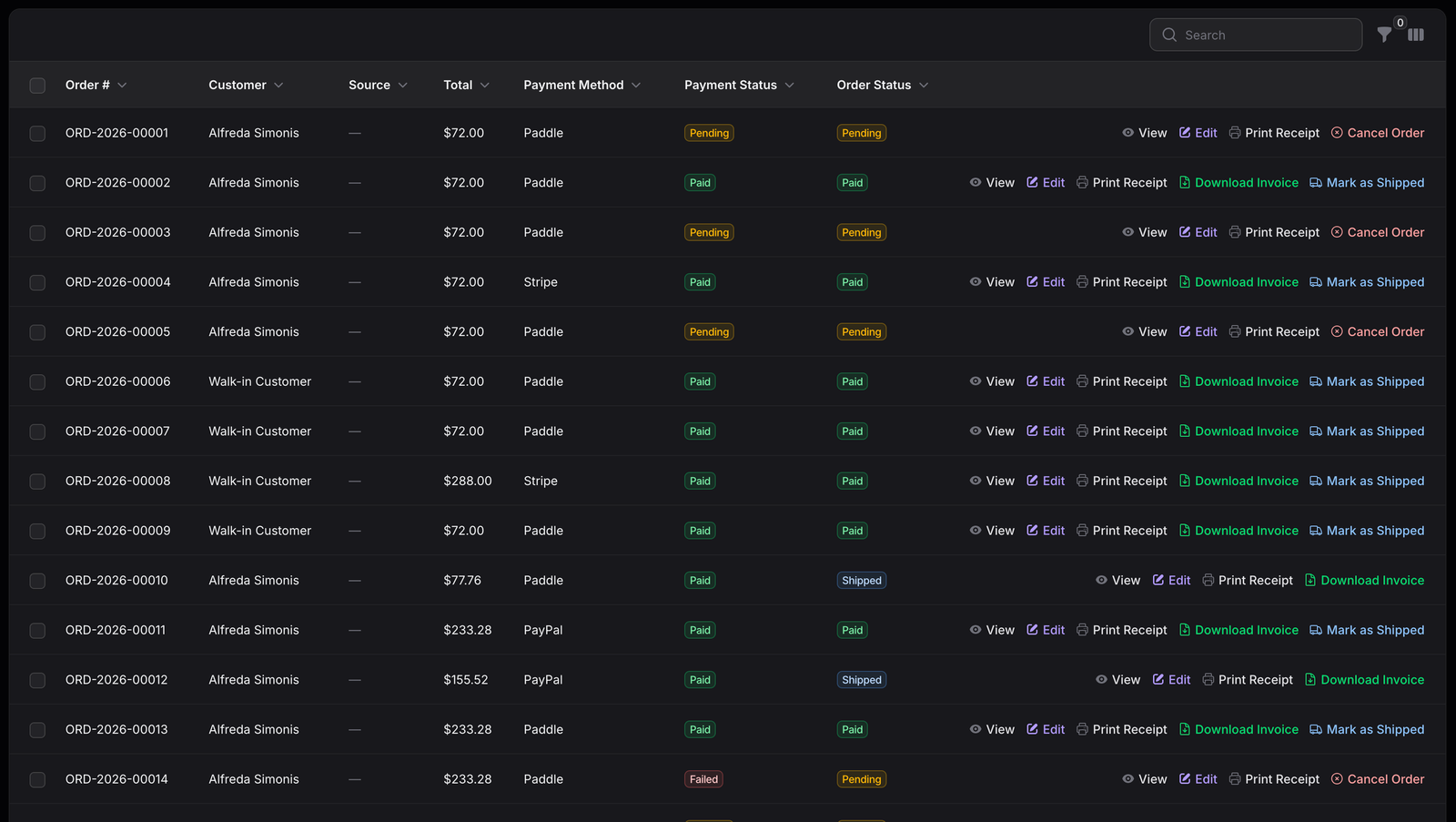 TenantSaaS Orders table showing order numbers, customers, source, totals, payment methods, payment statuses, order statuses, receipts, invoices, shipping, and cancellation actions.